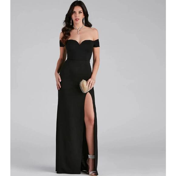 WINDSOR Women's Myra Formal High Slit Dress Size 15/16 Black Off The Shoulder - Picture 1 of 13